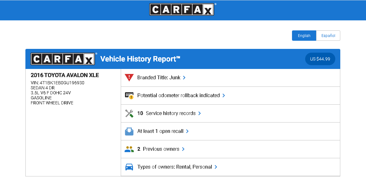 First section of a Carfax report